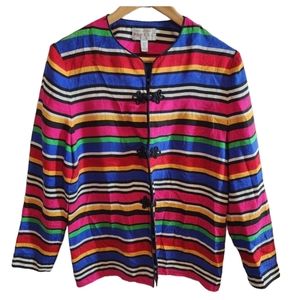 Vintage Adrianna Papelll Silk Striped Colorful Bow Front Snap Blazer
